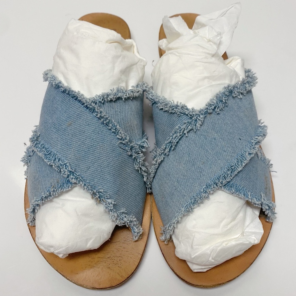 Ancient Greek Sandals Thais Sandal Light Blue Denim & Tan Leather Sole 41 10